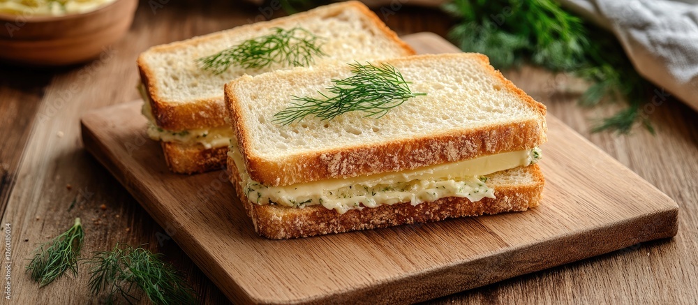 Poster cereal bread sandwiches layered with butter and topped with fresh dill on a wooden cutting board, se