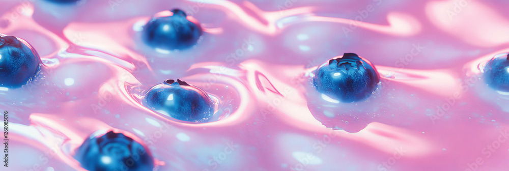 Poster almond milk and blueberry clusters creating ripples in a vibrant setting