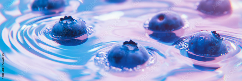 Poster blueberry clusters create circular ripples in almond milk background