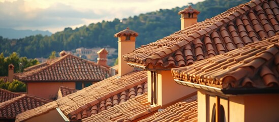 Terracotta rooftops of Mediterranean homes showing intricate architectural details against a warm sunset backdrop with soft clouds and greenery.