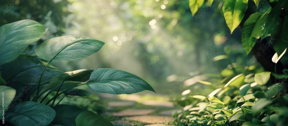 Poster lush green foliage frames a serene forest pathway with dappled light filtering through, evoking tran