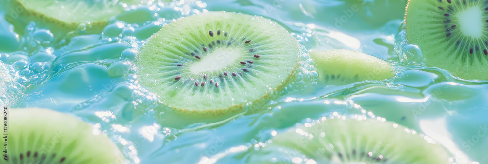 Poster creamy almond milk with fresh kiwi slices creating ripples in a tranquil background