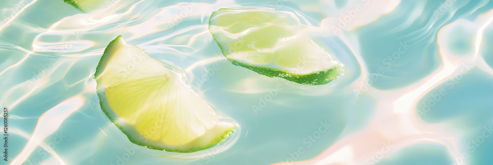 Poster distinct circular ripples of almond milk with lime wedges on a serene backdrop