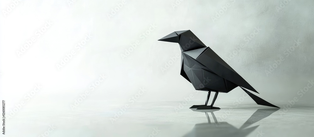 Poster black origami crow positioned on the right against a soft white background with subtle reflections h