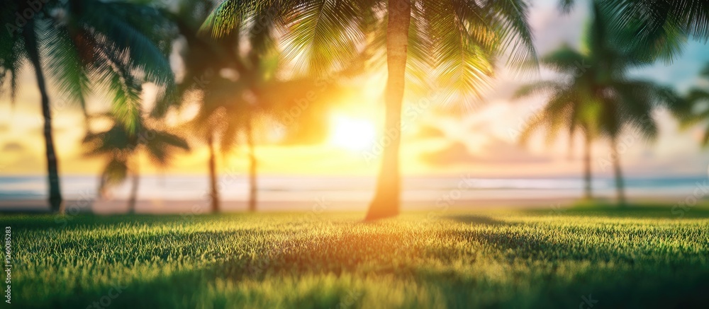 Aufkleber sunset over a beach with blurred bokeh effect; green grass in foreground; tropical coconut trees fra