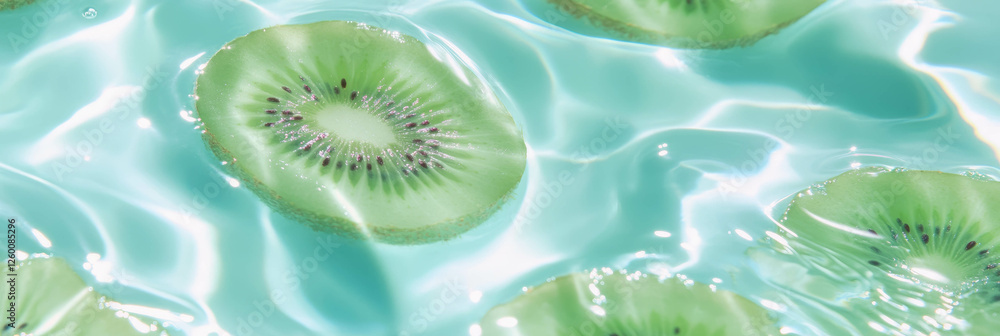 Poster sliced kiwi floating on almond milk with soft ripples in a cool turquoise background