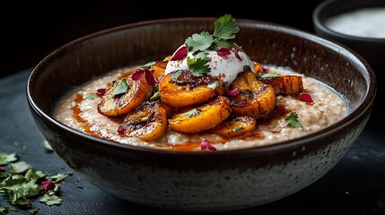 A luxurious fine-dining presentation of Jamaican Cornmeal Porridge, elegantly plated with caramelized plantains, a coconut cream drizzle, and a hint of brown sugar, served in an ornate ceramic bowl,