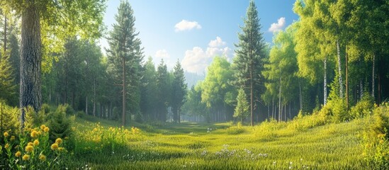Fototapeta premium Lush summer forest landscape with diverse green trees and vibrant grass under a bright sky, creating a serene and picturesque scene.