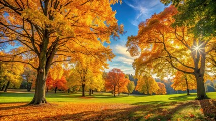 Fototapeta premium A vibrant autumn foliage scene in a park with golden hues of changing leaves against a clear blue sky and tall trees, surrounded by nature's splendor , forest scenery, woodland scene