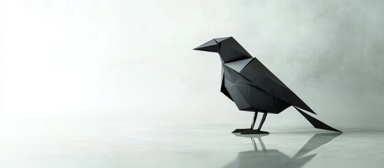 Black origami crow positioned on the right against a soft white background with subtle reflections highlighting angular details and textures.