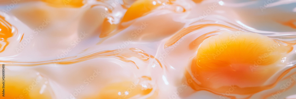 Poster ripples of almond milk with yellow plum slices create a calming visual experience