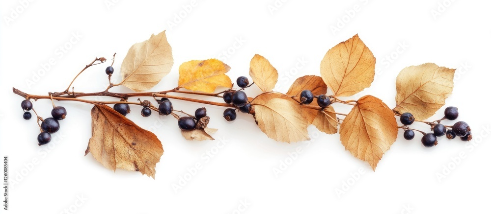 Aufkleber Autumn arrangement featuring dried tan leaves and black berries on a clean white background with elements positioned horizontally across the center.