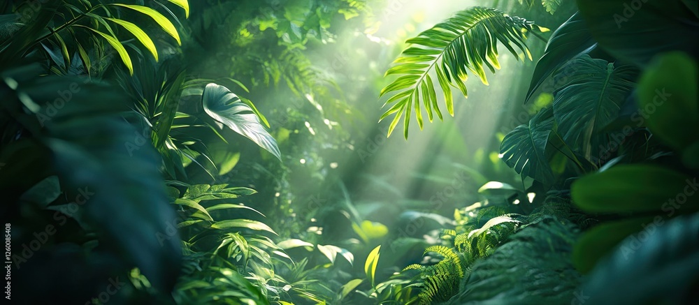Poster lush green jungle foliage with sunlight filtering through leaves creating a vibrant, serene atmosphe