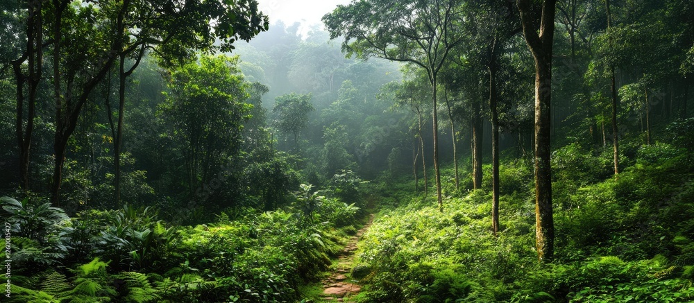 Fototapete lush green tropical jungle with tall trees and dense foliage under soft misty light creating a seren