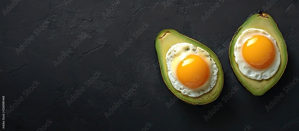 Aufkleber baked avocado halves with bright yellow yolks on a dark textured background left aligned with a mini