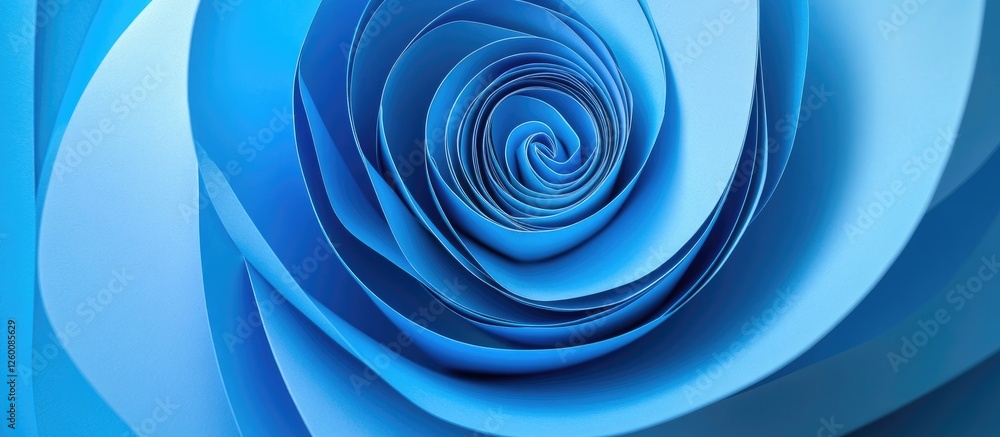 Poster blue spiral origami paper sheets arranged in a layered rose pattern with varying shades of blue crea