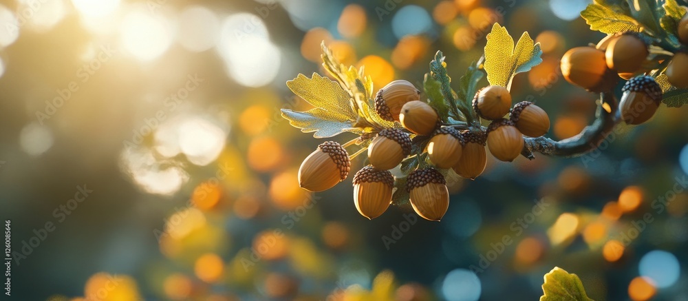 Poster Golden oak leaves and acorns illuminated by soft sunlight in blurred autumn park scene warm colors and bokeh create a serene nature landscape