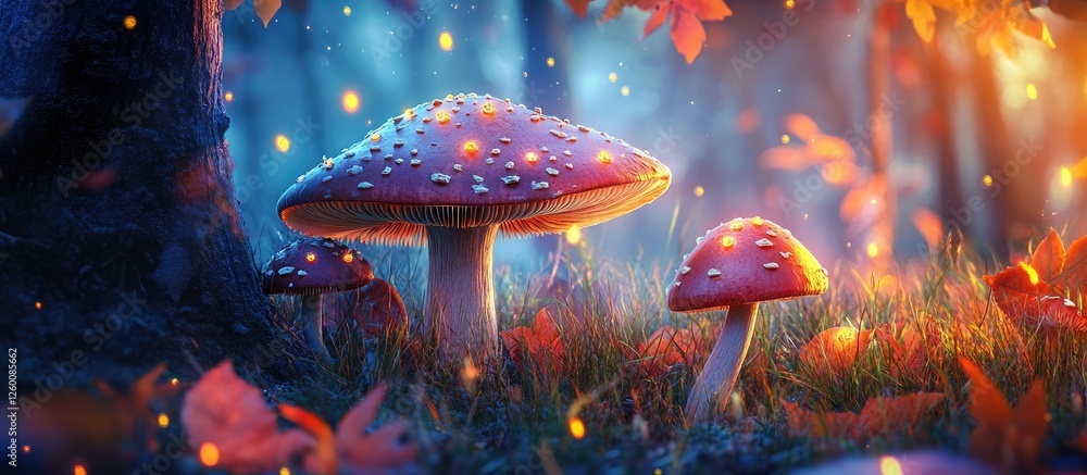 Poster vibrant magical forest scene featuring glowing mushrooms in shades of red and blue with soft bokeh l