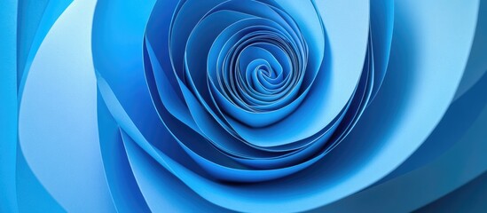 Blue spiral origami paper sheets arranged in a layered rose pattern with varying shades of blue creating depth against a soft background.