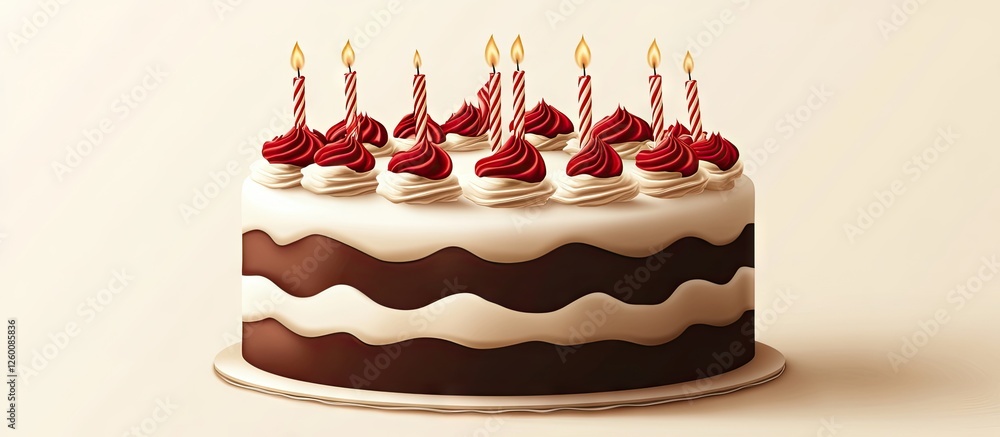 Poster delicious layered chocolate birthday cake with red icing and lit candles positioned evenly on top ag