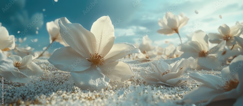 Aufkleber delicate white flowers scattered across a soft meadow with a serene blue sky and soft clouds in the 