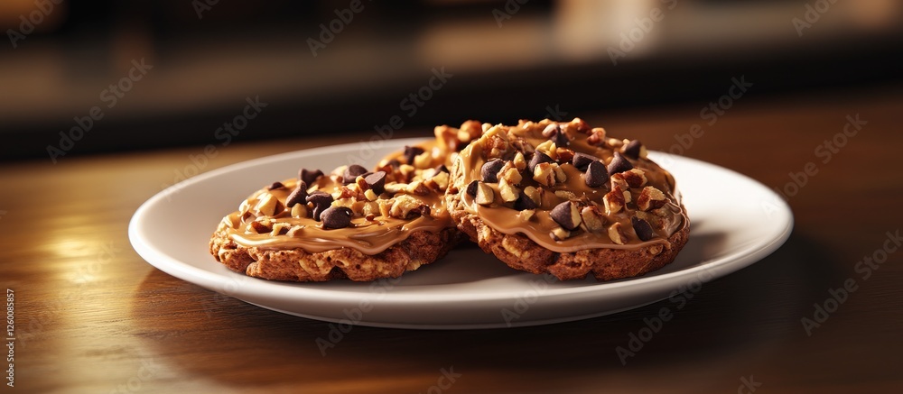 Poster peanut butter apple rounds topped with chocolate chips and nuts on a white plate placed on a wooden 