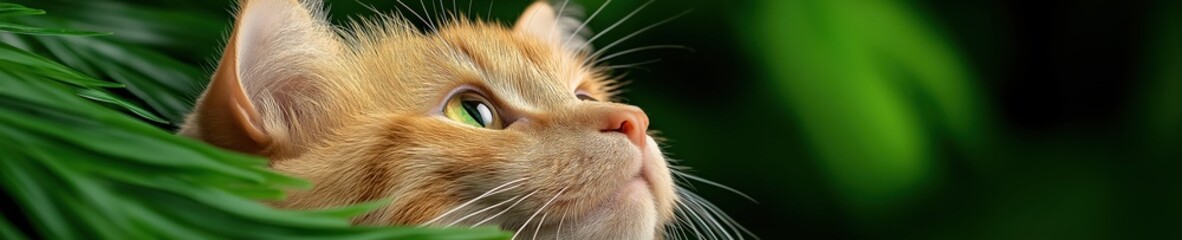 Curious orange cat gazing upwards while surrounded by lush green foliage in a serene natural setting