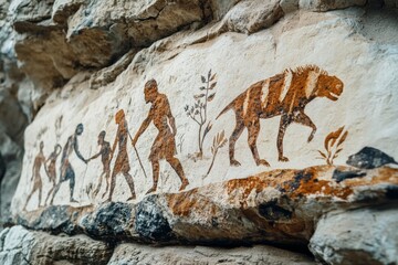 Ancient cave painting depicting early humans and a prehistoric creature in a natural setting