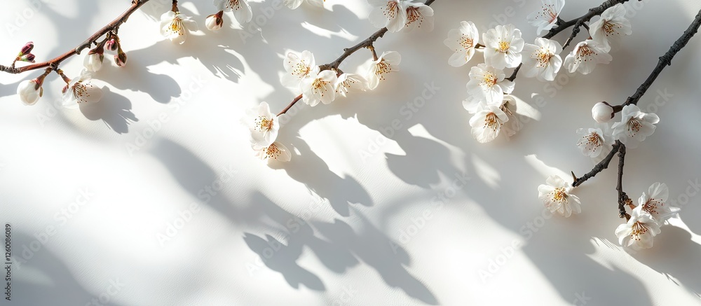 Fototapete Delicate cherry blossoms with soft white petals and distinct shadows on a light background arranged in a diagonal composition.