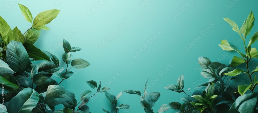Aufkleber Tranquil greenery in various shades of green positioned at the bottom against a soft teal background creates a calming and serene atmosphere.