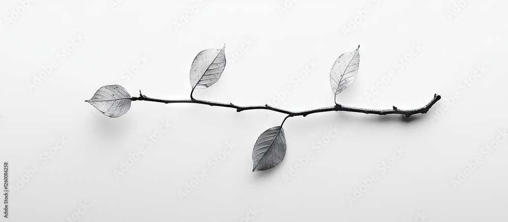 Poster minimalist branch with gray leaves on white background, centered horizontally and lightly shadowed, 