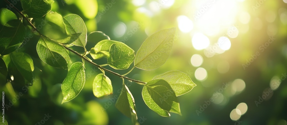 Poster Lush green leaves with soft sun flares and vibrant bokeh create an abstract, serene nature backdrop evoking tranquil summer vibes in a wide format.
