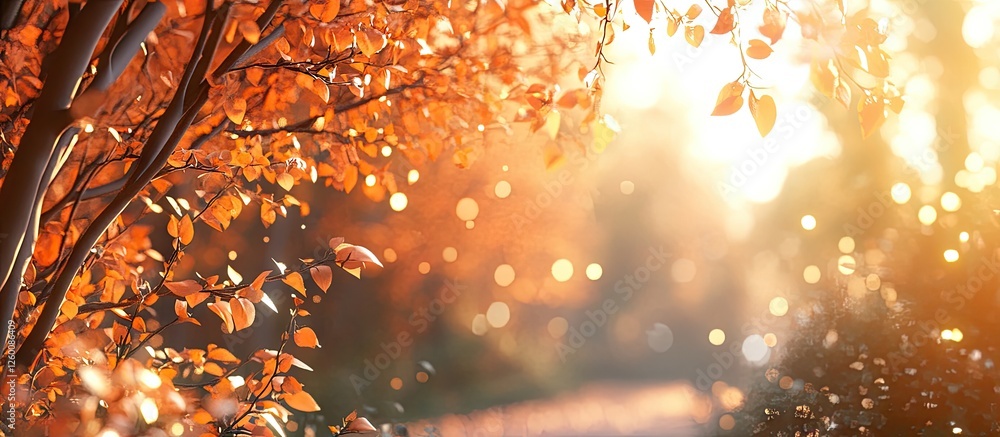 Poster vibrant orange autumn foliage glows in soft bokeh light creating a warm fall visual with shimmering 