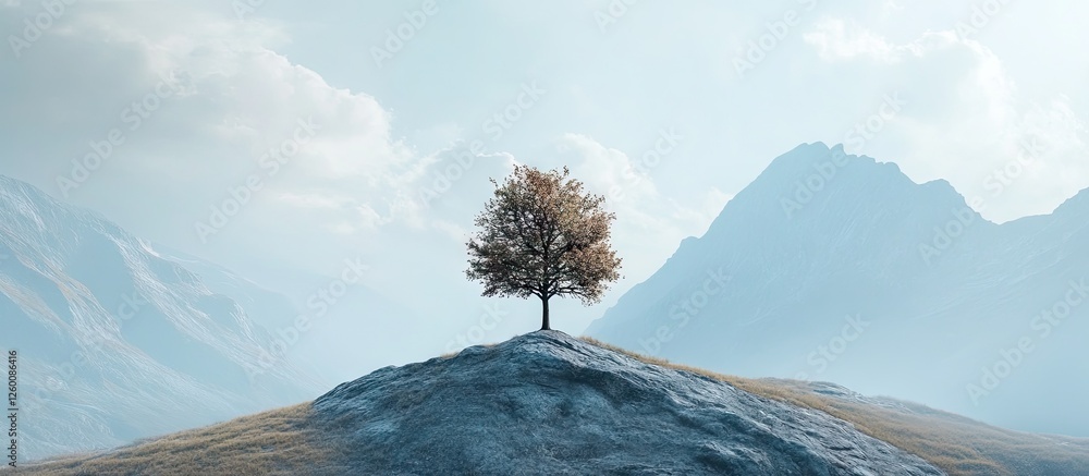Aufkleber majestic mountain range with a solitary tree on a grassy hilltop against a soft blue sky, featuring 
