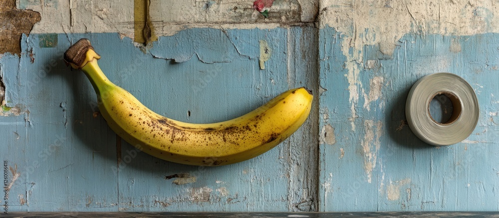 Poster Banana placed horizontally on a distressed blue wall next to a roll of tape with textures showing wear and tear, highlighting unique composition and contrast.
