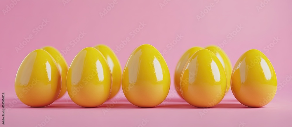 Poster cheerful bright yellow easter eggs lined against a soft pink background creating a festive and vibra