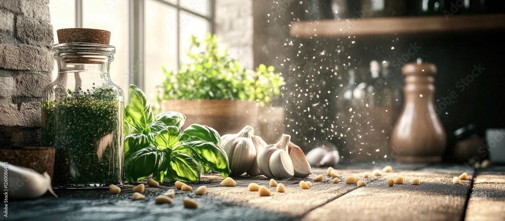 Poster garlic basil pine nuts and herbs in a rustic kitchen setting with sunlight filtering through window 