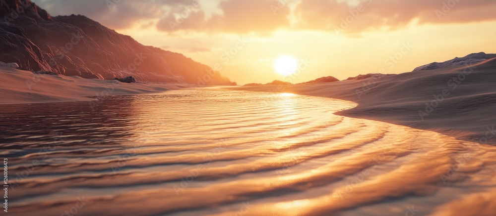 Aufkleber sunrise over a tranquil sandy beach with gentle ripples reflecting warm golden hues creating a seren