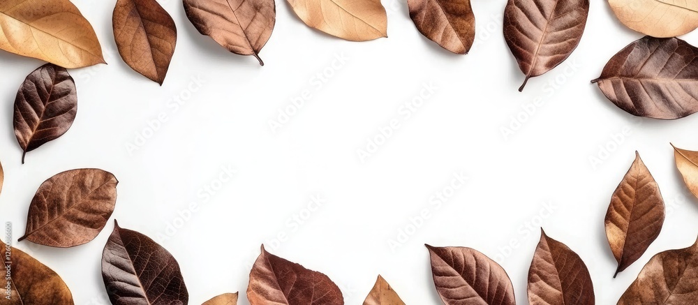 Poster border frame of various shades of brown and gold autumn leaves arranged around the edges of a clean 