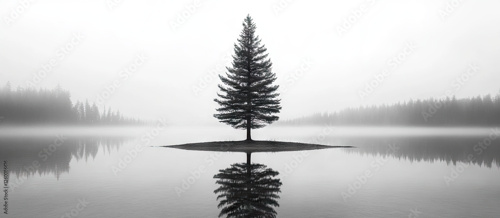 Poster tall pine tree in black and white, centered on a tranquil lake, creating a symmetrical reflection ag