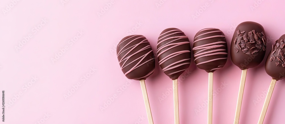 Poster chocolate pops with wooden sticks arranged in a row on a soft pastel pink background offering ample 