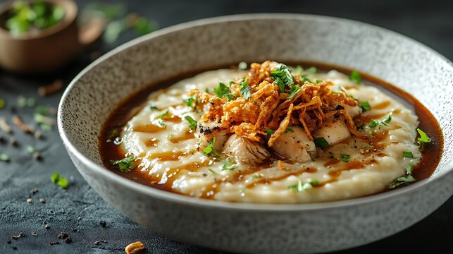 A luxurious gourmet version of Bubur Ayam, plated in a modern fine-dining style, featuring sous-vide chicken, truffle oil drizzle, and crispy shallots,