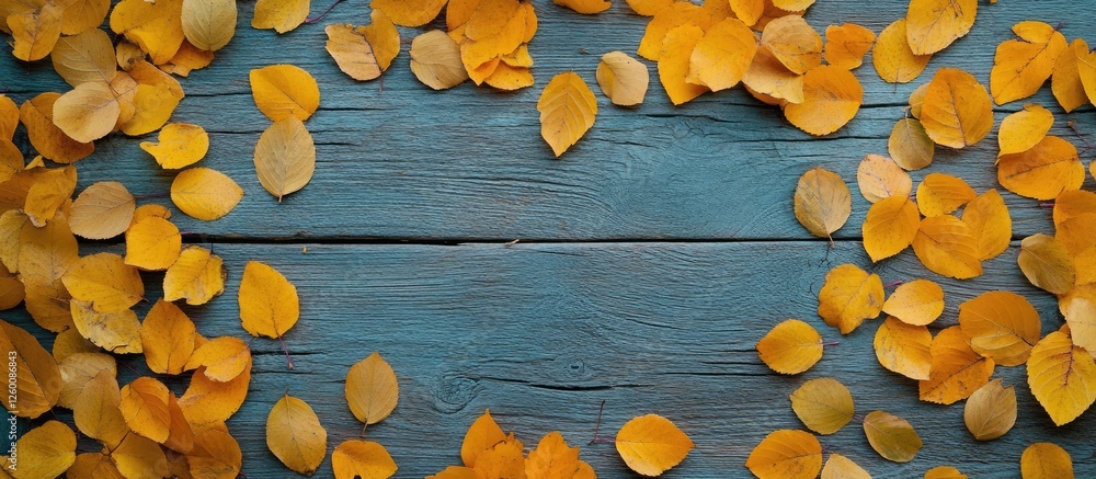 Aufkleber Autumn leaves frame in vibrant yellow and orange on a rustic blue wooden table creating a Fall border with ample copy space for text