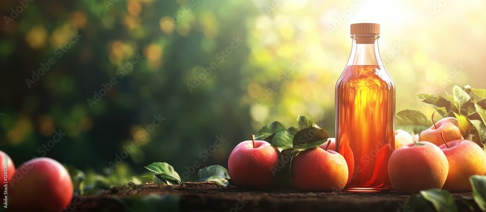 Aufkleber Apple cider vinegar bottle with fresh red apples on a wooden surface surrounded by green leaves and a sunlit background creating an empty text space