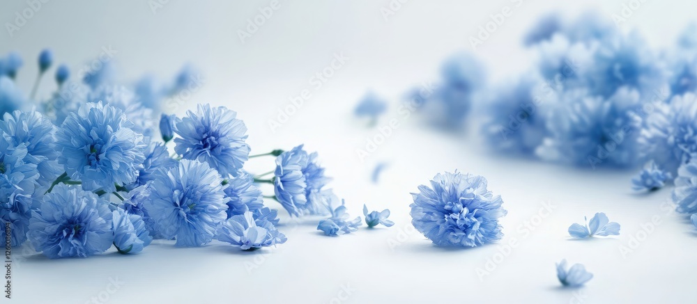 Poster delicate arrangement of light blue cornflowers scattered gracefully on a soft white background with 