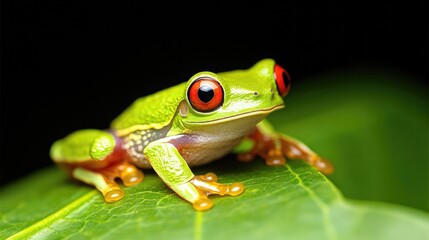 Naklejka premium Bright green frog with striking red eyes perched on vibrant gree