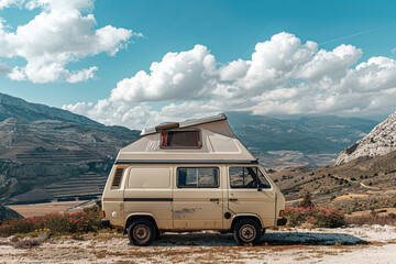 Holiday trip on large family motorhome for holiday in beautiful natural nature, abstract vivid composition consists of fictional unreal fantastic vision on background