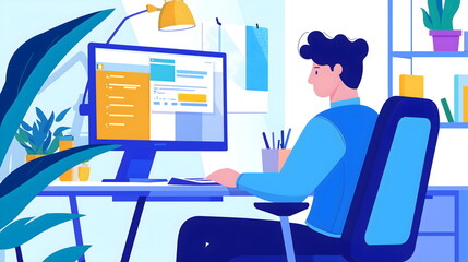 Software developer coding on a computer. Professional programmer working on application development, writing code, and testing software. IT specialist at work, technology and innovation background.