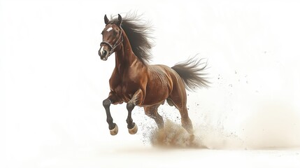 horse galloping on a white background. The horse is in mid-stride, with its front legs stretched out and its head turned to the side. 