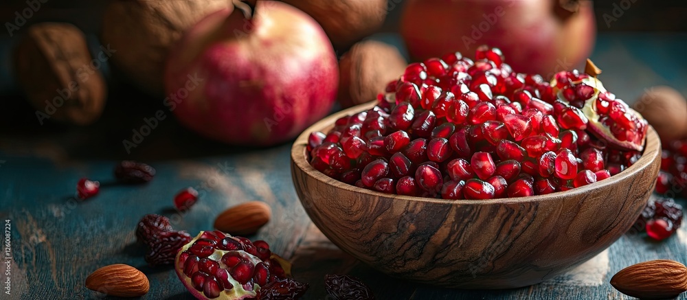 Poster variety of dried fruits and nut kernels in wooden bowls on a rustic table with pomegranate seeds wal